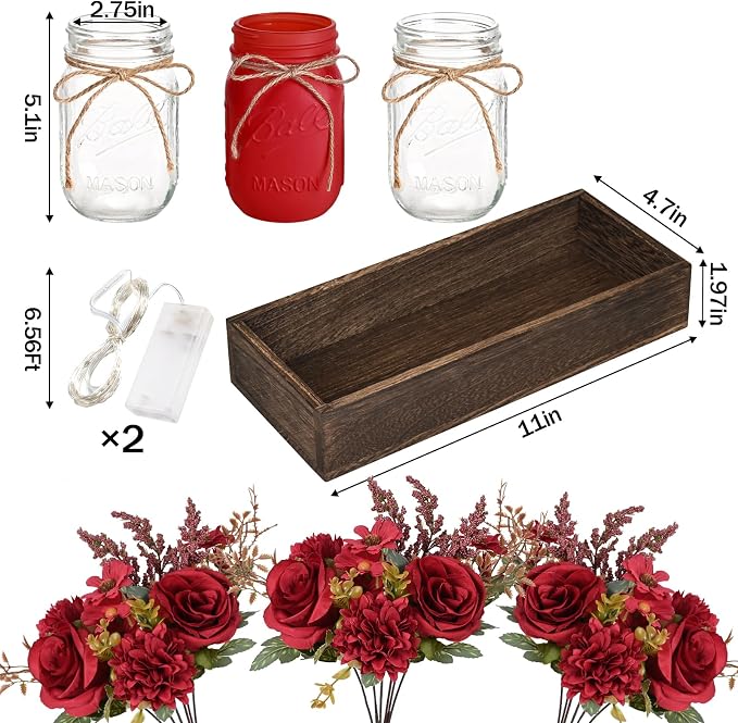 BLEUM CADE 3Pcs Mason Jar with Artificial Dahlia Flowers Wood Tray Lights | - Image 4