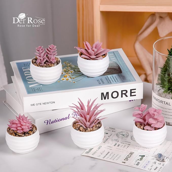 Der Rose 6 Pack Fake Succulent Plants in White Pots - Image 4