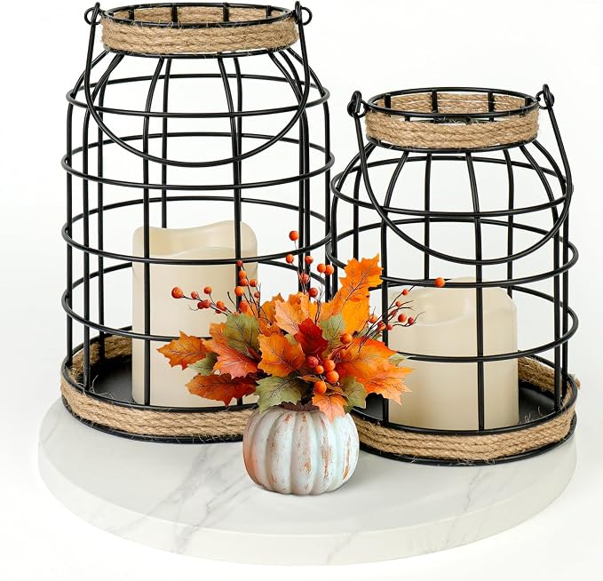 Rustic Farmhouse Decorative Lantern Set of 2, Boho Lanterns by Lumeavetra