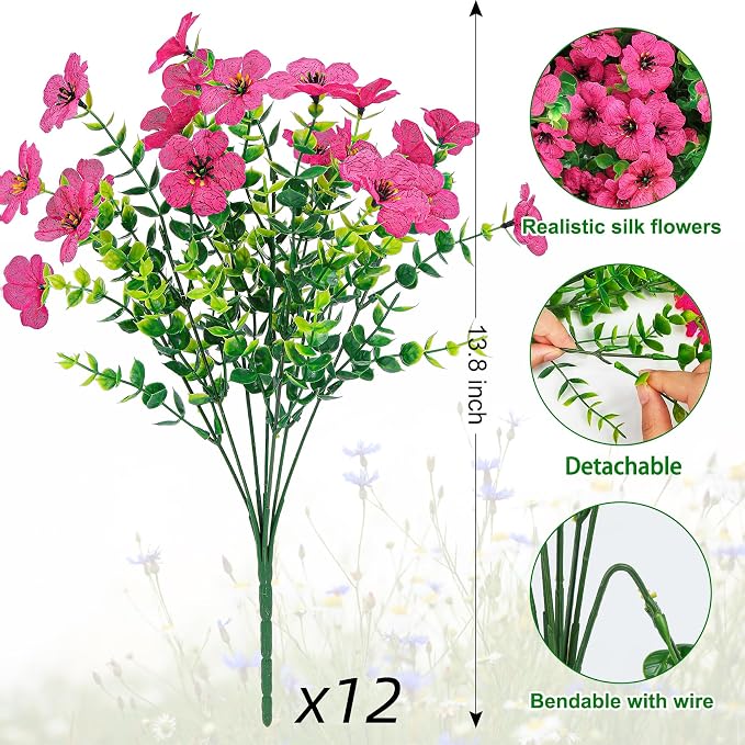 12 Pcs Artificial Flowers for Outdoors Decorations, Rose Red | Lifelike silk - Image 2