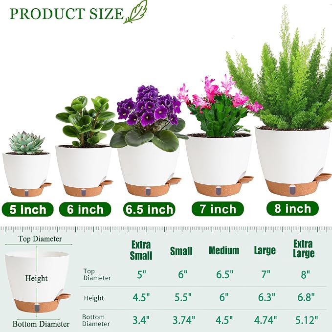 Self Watering Pots for Inoor Ourdoor Plants 8/7/6.5/6/5" Plastic Planters | - Image 2