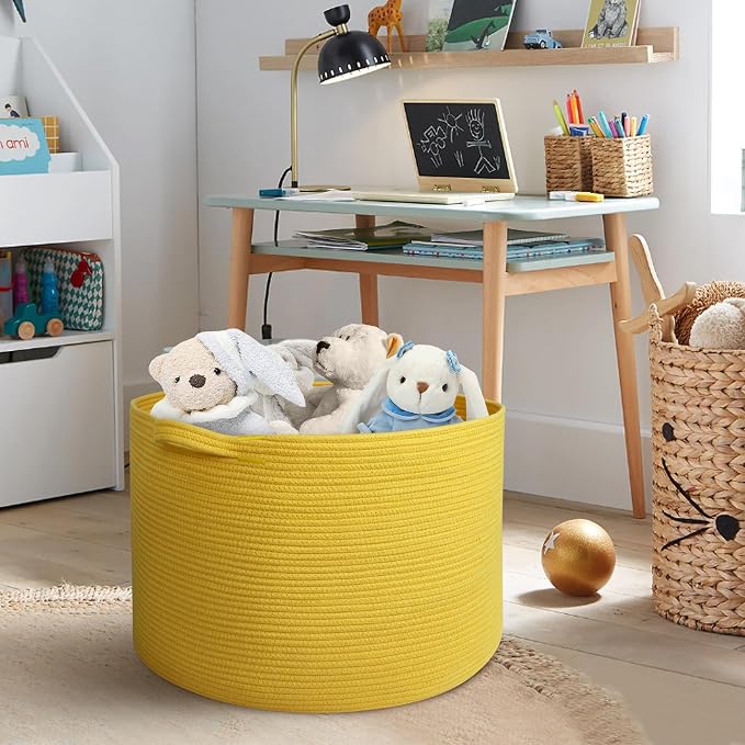 Extra Large Yellow Basket, 22” X 22” X 14” Cotton Rope Yellow Decor - Image 5