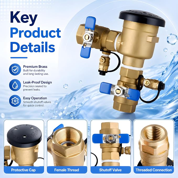 3/4 Inch Backflow Preventer, Pressure Vacuum Breaker Assembly, Heavy Duty Brass - Image 3