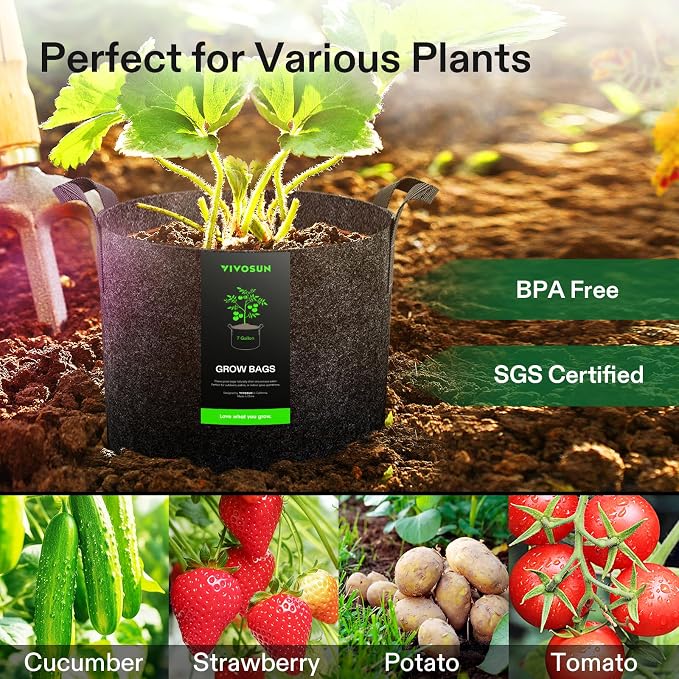 VIVOSUN 5-Pack 7 Gallon Plant Grow Bags Fabric Pots - Image 7