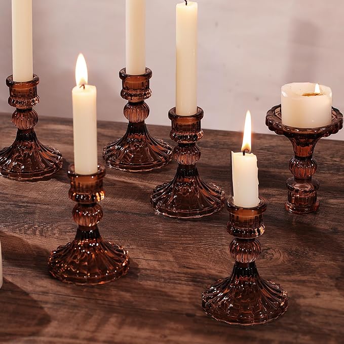 12PCS Amber Candlestick Holders Set- 4" H Taper Candle Holders, Glass Candle - Image 4
