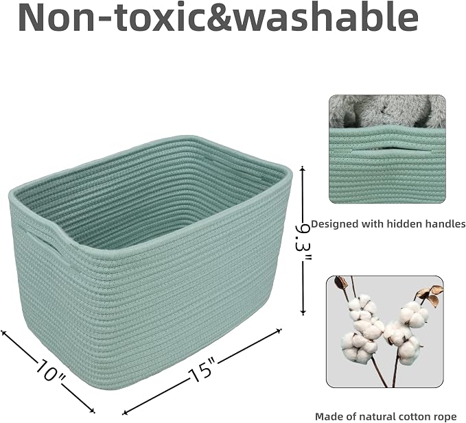 XUANGUO Woven Cotton Rope Storage Baskets 15x10x9.3" 3 Pack Green | Decorative - Image 2