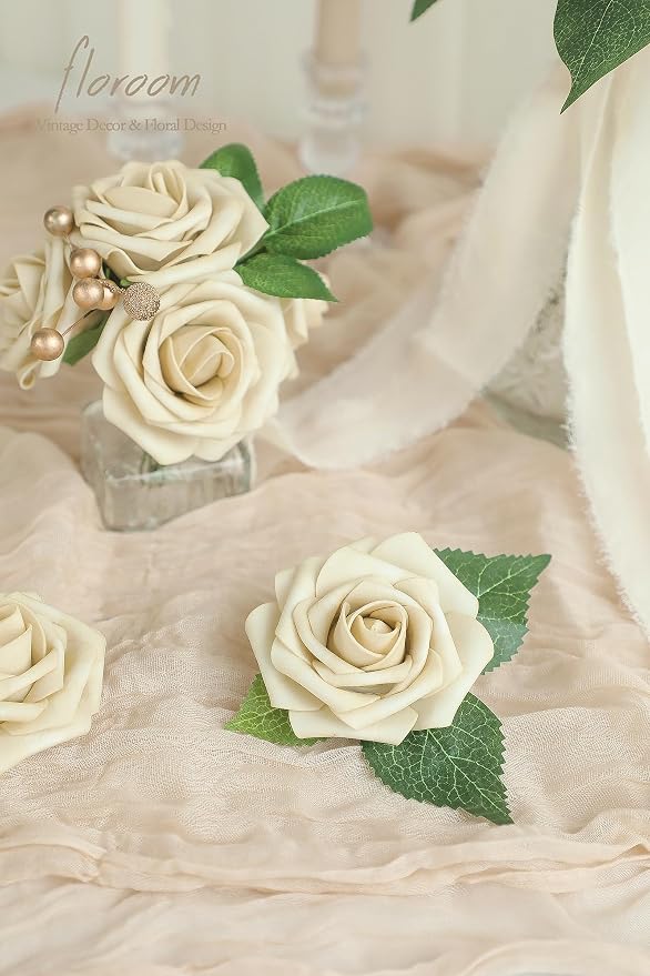 Artificial Flowers 25pcs Real Looking Beige Foam Fake Roses - Image 4