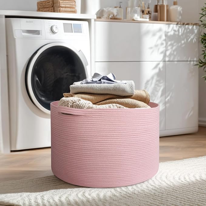 115L Oversized Pink Basket, 23.6"x15.7" Woven Cotton Rope Bin - Image 7