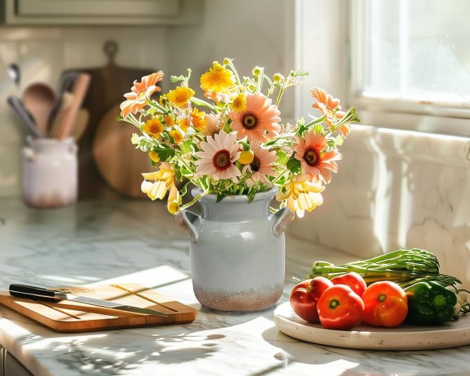Quoowiit Ceramic Rustic Farmhouse Vase, Distressed Decorative Flower Vases - Image 9