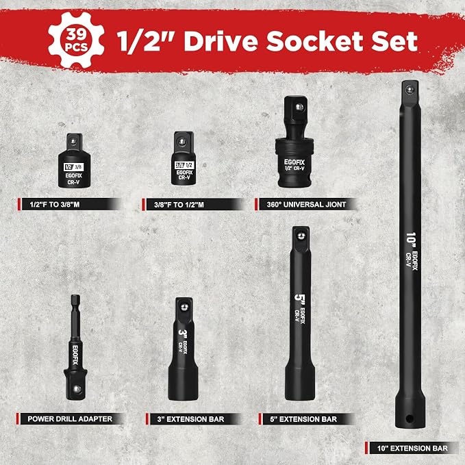 1/2” Drive Impact Deep Socket Set, 39 Pieces Metric/SAE, CR-V Steel Tool Set - Image 3