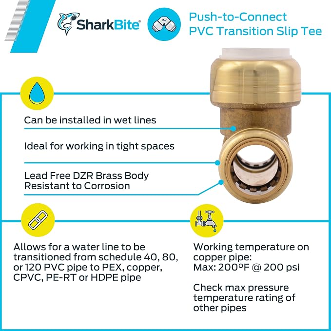 SharkBite 1/2 Inch Slip CTS x CTS x PVC Transition Slip Tee, Push To Connect - Image 4