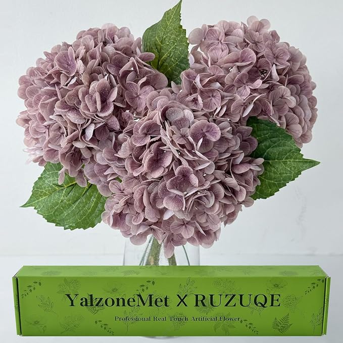 YalzoneMet 3 Pcs Vintage Mauve Hydrangea Artificial Flowers Gray Purple 21'' by YalzoneMet