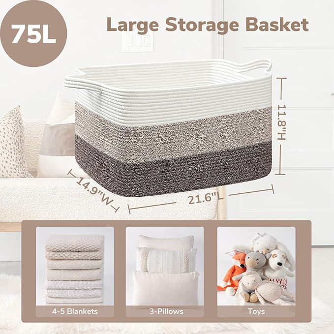 Goodpick Large Woven Rope Blanket Basket, Living Room, Bedroom & Nursery - Image 3