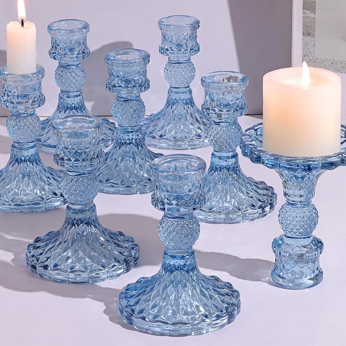 12Pcs 4" H Aqua Blue Candlestick Holders Set- Taper Candle Holders Bulk by DARJEN