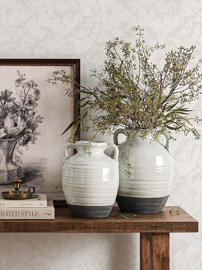 Large White Ceramic Vase with 2 Handles, 11.3 Inch, Farmhouse Rustic | - Image 2