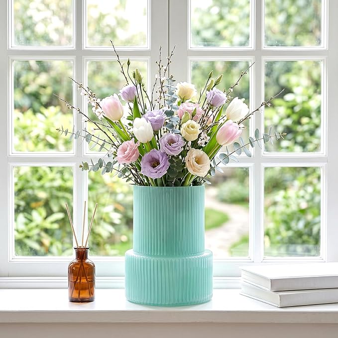 Green Ribbed Glass Vase, Modern Design Flower Vase | Home Decor - Image 7
