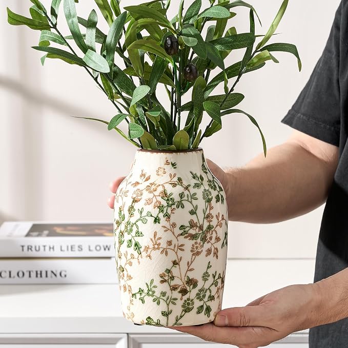 SIDUCAL Ceramic Green and Beige Antique Vase, 7 Inch Retro Ice Cracked - Image 4