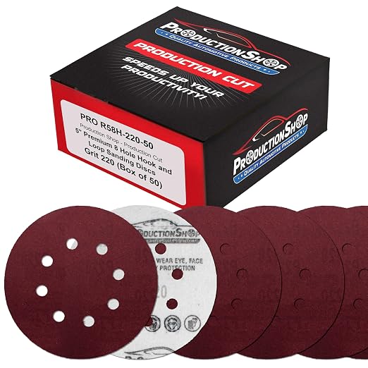 ProductionShop Premium 5" Red 8-Hole Pattern 220 Grit Sanding Discs, Box of 50 by ProductionShop