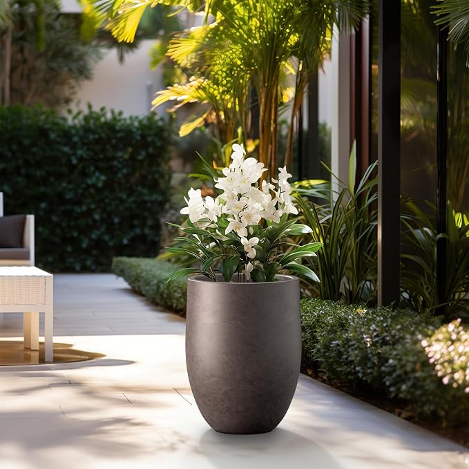 Kante Large Round Bullet Char Brown Concrete Planter 21.7" Tall, Outdoor | - Image 3