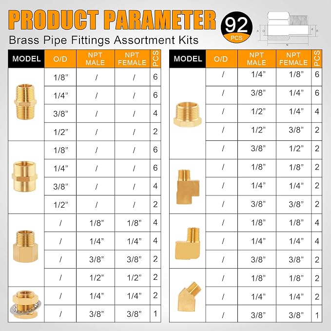 92PCS Brass Pipe Fittings Assortment Kit, 1/8" 1/4" 3/8" 1/2" NPT | Adapter - Image 2