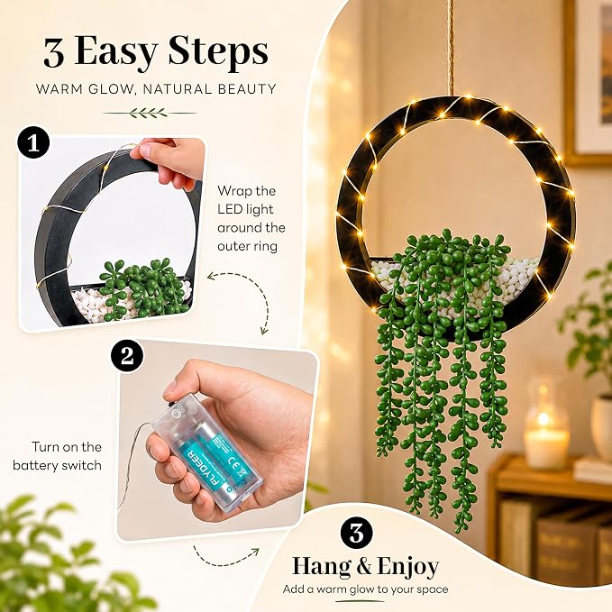 Der Rose 2 Pack Fake Lighted Hanging Succulent Plants - Image 2