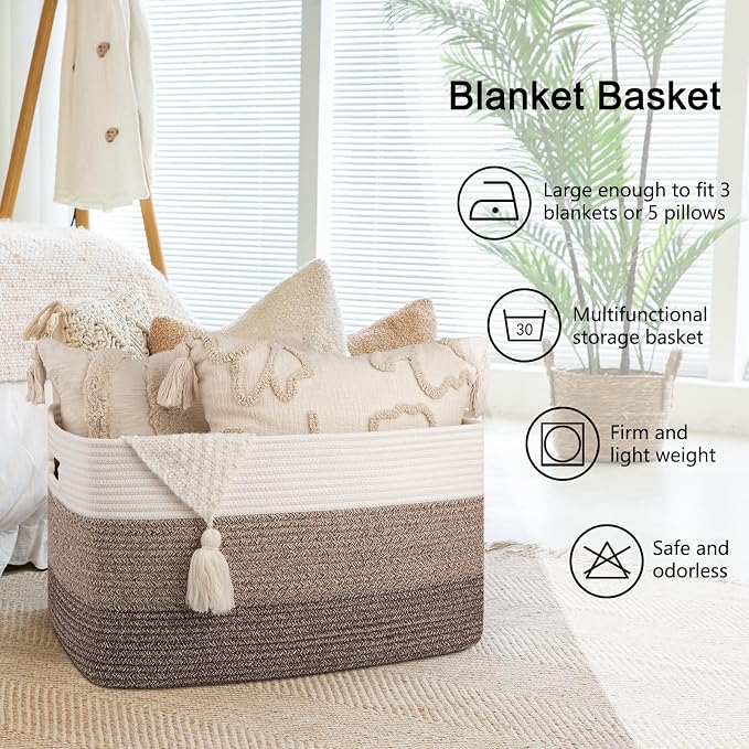 OIAHOMY Blanket Basket Laundry Basket Dog Toy Basket 75L Dark Brown | Large - Image 6