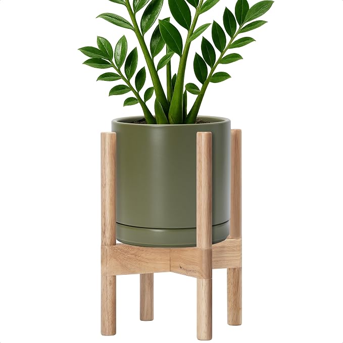 D'vine Dev Ceramic Pot with Natural Wood Stand, 8 in, 55-B-N-J | Mid-Century by DvineDevPlanterPotsandStand
