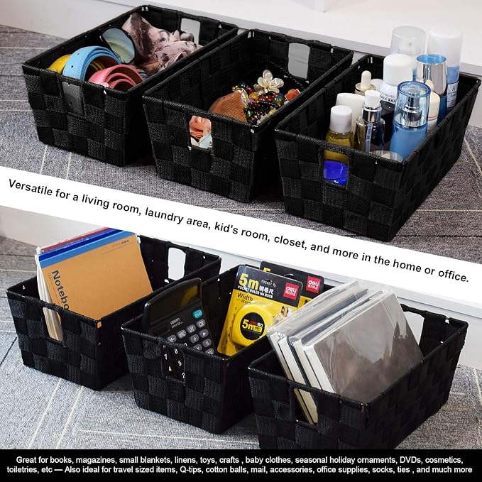Woven Black Storage Baskets Shelf Tote Boxes Container, Durable Storage - Image 2