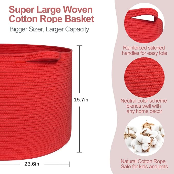 115L Extra Large Red Basket for Organizing, 23.6"x15.7" Jumbo Woven Cotton Rope - Image 2