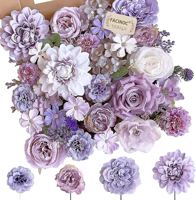 FACINOC Roses Artificial Flowers Purple Mix Silk Flower Dahlia Bulk Box Set | by FACINOC