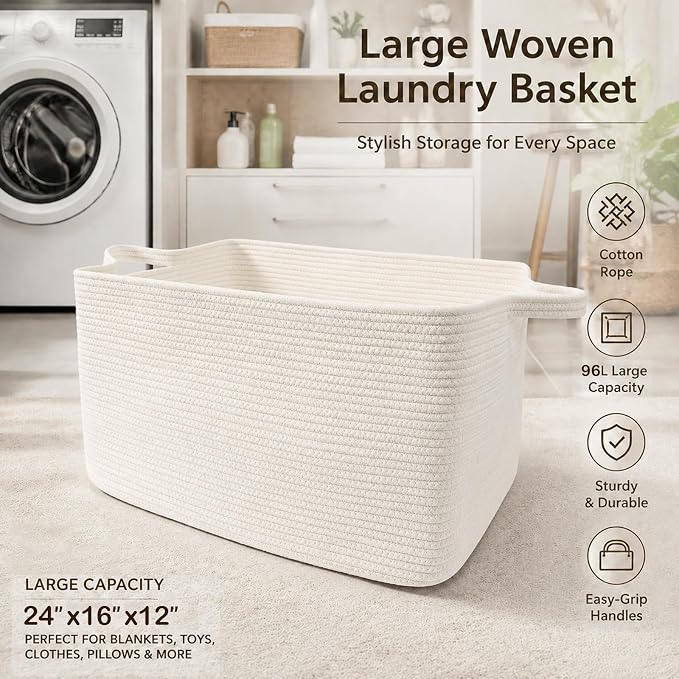 96L Woven Laundry Basket with Handles, Extra Blanket Basket, Living Room - Image 5