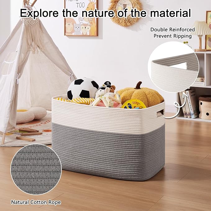 OIAHOMY 108L Extra Large Blanket Basket Dog Toy Basket Grey/White | Rectangle - Image 5