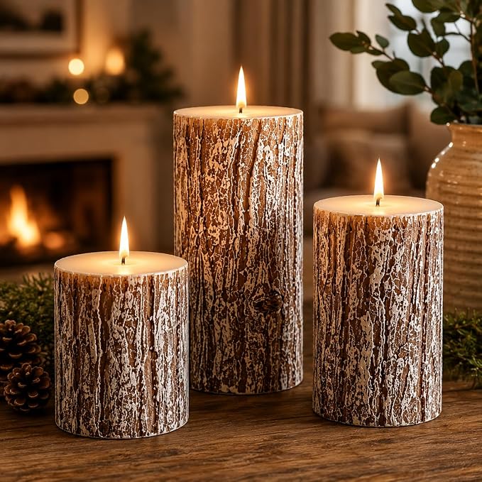 Rustic Pine Tree Pillar Candle Set of 3, Unscented Home Decor | Assorted Size - Image 4