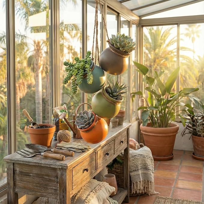 MyGift Dangling Southwest Desert Color Ceramic, 4 Pot Set | Wall or Ceiling - Image 3