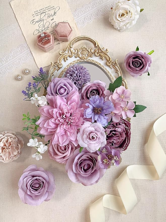 FACINOC Roses Artificial Flowers Purple Bouquet Violet Fake Flower Box Set | - Image 3