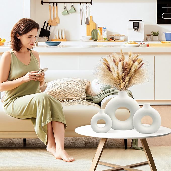 White Ceramic Vases Set 3 for Modern Home Decor, Round Matte Pampas Flower - Image 2