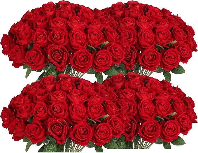 100 PCS Fake Red Roses, Artificial Red Flowers Bulk, Realistic Silk Roses | by Jefuzh