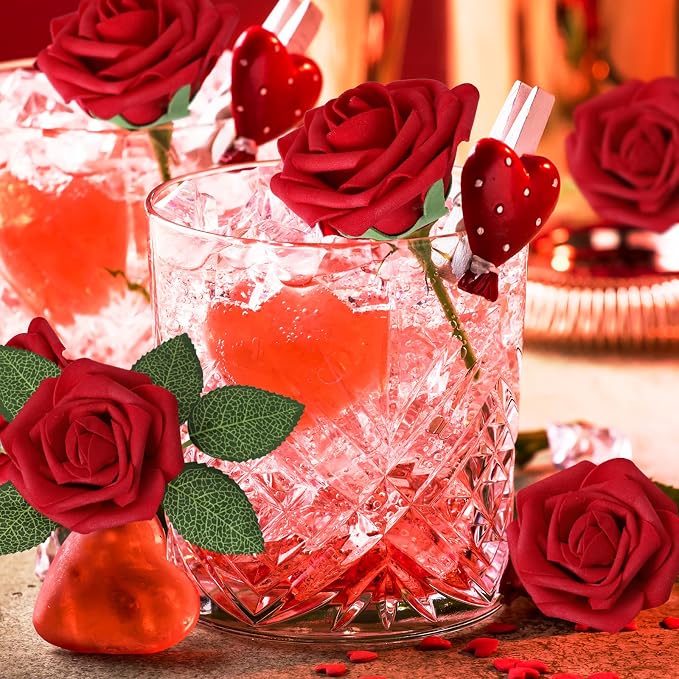 AmyHomie Dark Red Rose 50pcs Real Looking Artificial Flowers w/Stem | Bouquet - Image 7