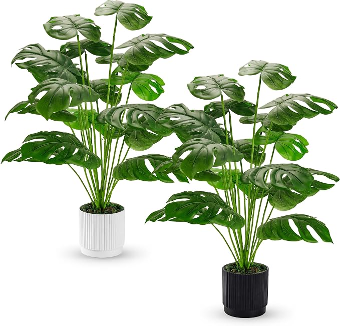 Der Rose 2 Pack 28" Fake Plants, Monstera Plants in White and Black Pots | by DerRose