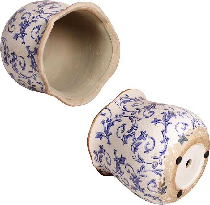 Retro Distressed Ceramic Pots, Antique Crackle Glaze Planters w/ Drainage | - Image 6