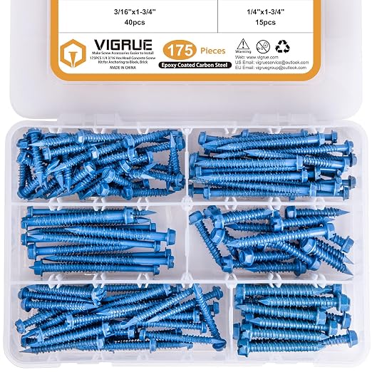 VIGRUE 175PCS Concrete Screws Assortment Kit 1/4" x 1-1/4" to 2-1/4" and 3/16" by Aprofessionalfastenerseller