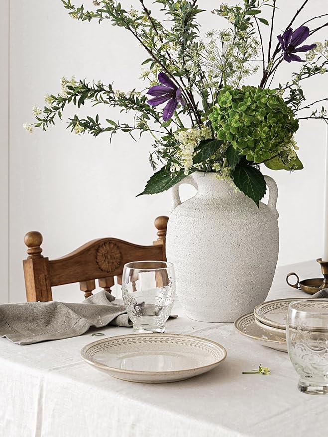 White Ceramic Vase with Handles, Farmhouse Rustic, Gritstone White | Decorative - Image 2