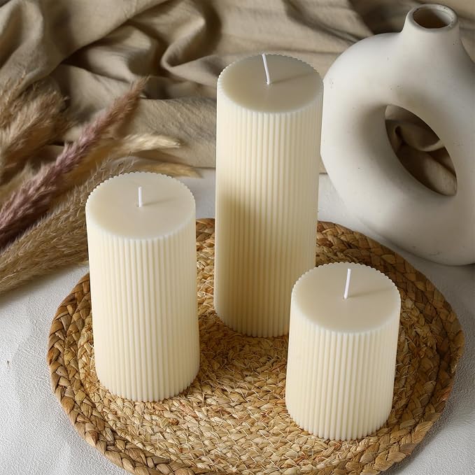 Conelist Ribbed Pillar Candles Set of 3, Width 3" High 4" 6" 8" - Image 4