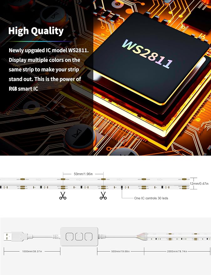 PAUTIX RGB Smart IC COB LED Strip Light USB 5V 6.56ft/2m, Work - Image 5