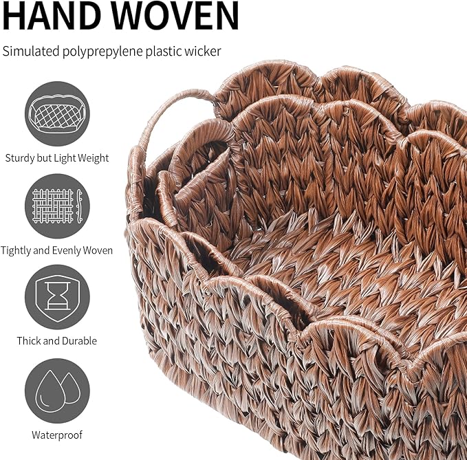 Coeusy Wicker Scalloped Basket Set of 2, Woven Storage Baskets - Image 7