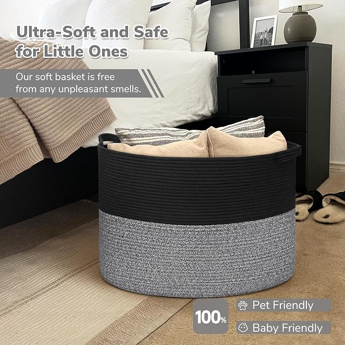 INDRESSME 115L Extra Large Woven Rope Blanket Basket Living Room Black Grey | - Image 5