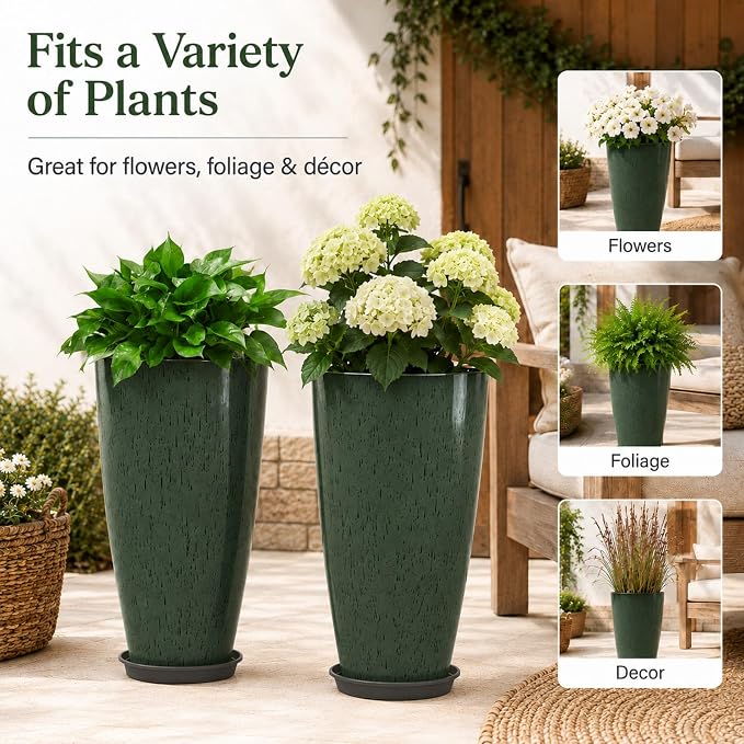 Neoaider Set of 2 Tall Planter, 21 inch Large Plastic Planter, Dark Green | - Image 7