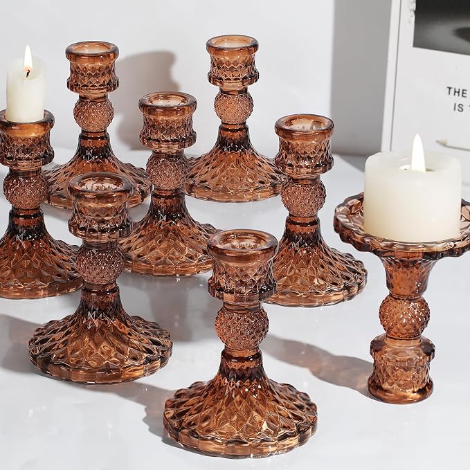12Pcs Amber Candlestick Holders Set- 4" H Taper Candle Holders Bulk, Glass by DARJEN
