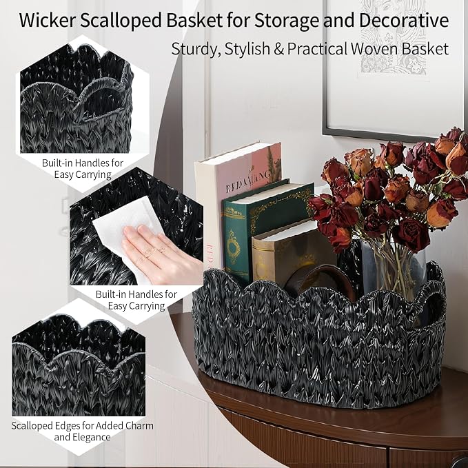 Coeusy Wicker Scalloped Basket Set of 2, Woven Storage Baskets - Image 9