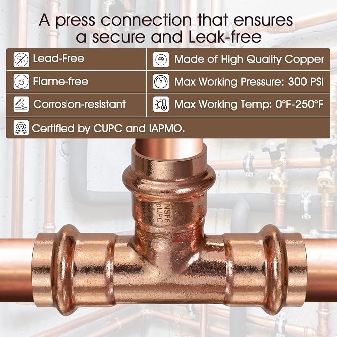 Copper Press Fittings Tee 3/4 Inch Copper Press Tee Coupling 12PK, Zero Lead | - Image 3